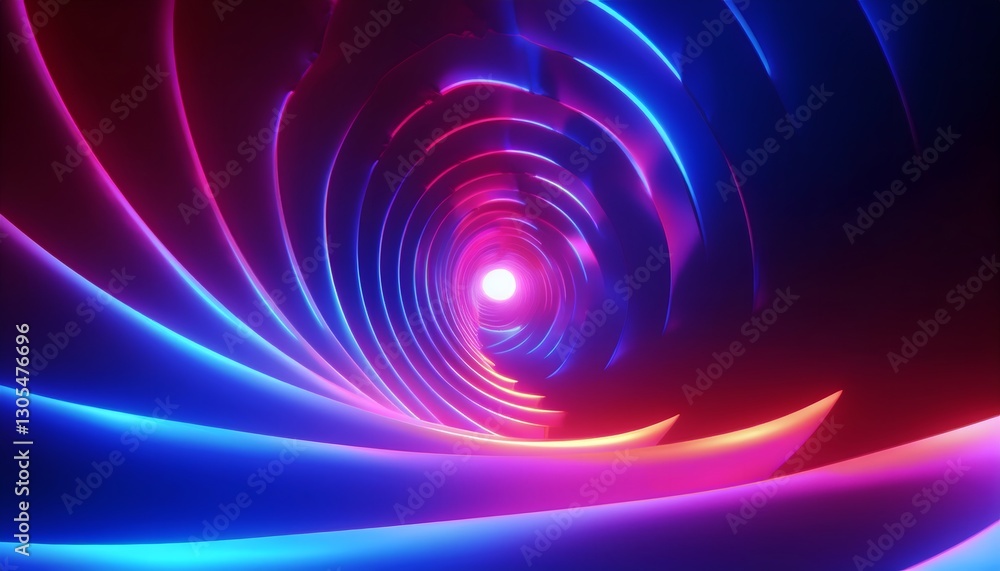 Glowing neon tunnel rotating with light at the end in spring colors Glowing neon tunnel rotating with light at the end in spring colors