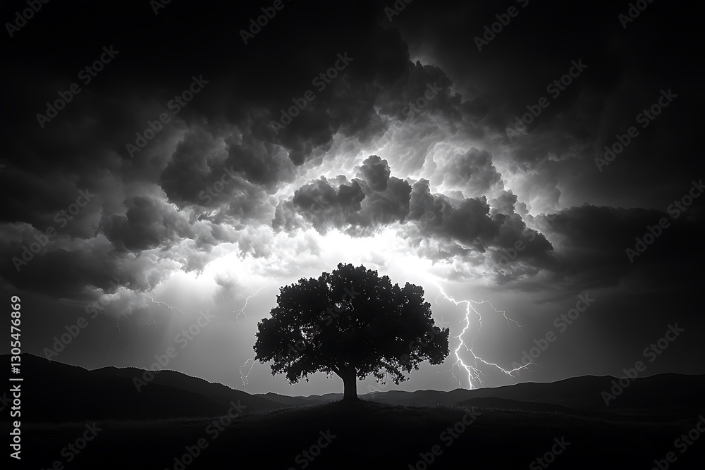 Obraz premium A lone tree stands defiant against a stormy sky filled with lightning