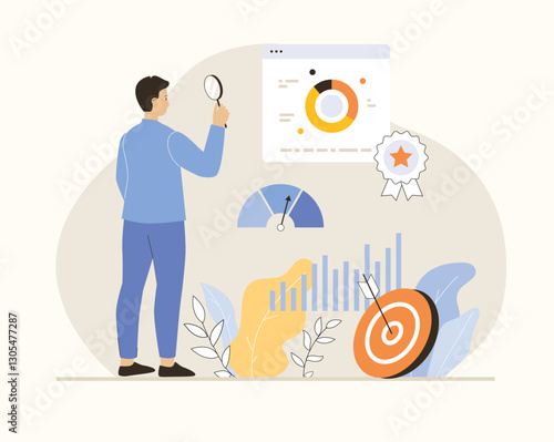 Benchmarking concept. Benchmark business development. Analysis financial statistics, data, graph, chart, report of a leader competitor's company. Flat vector illustration.