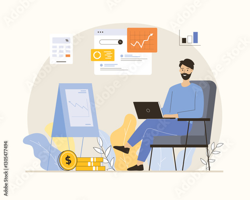 Search engine optimization SEO budget. Calculation of costs for website promotion. Analysis graphics and charts. Flat vector illustration.