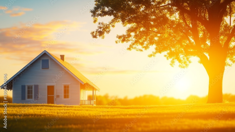Serene sunset over a quaint house surrounded by lush grass and a large tree, evoking tranquility Serene sunset over a quaint house surrounded by lush grass and a large tree, evoking tranquility