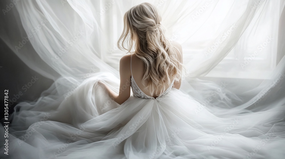 Bride sits by window, flowing gown Bride sits by window, flowing gown