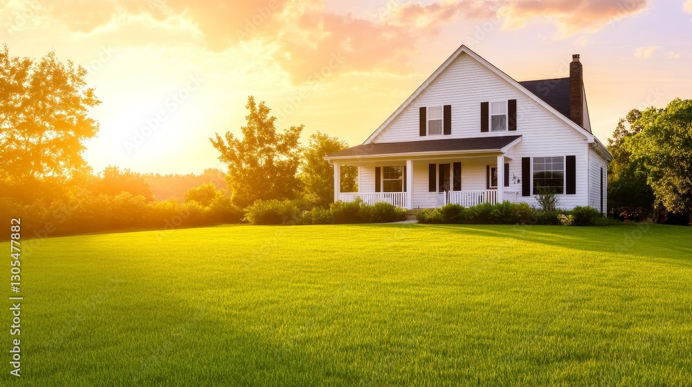 Serene suburban home basking in golden sunset light, surrounded by lush green lawn and trees Serene suburban home basking in golden sunset light, surrounded by lush green lawn and trees