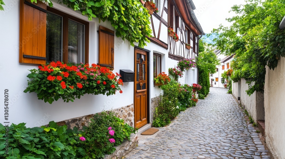 Naklejka premium Charming cobblestone alleyway lined with flower-adorned houses in a picturesque village