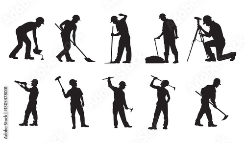 Set of Vector Silhouettes Depicting Manual Labor Workers in Various Tasks - Perfect for Construction, Maintenance, Industrial, and Professional Design Projects