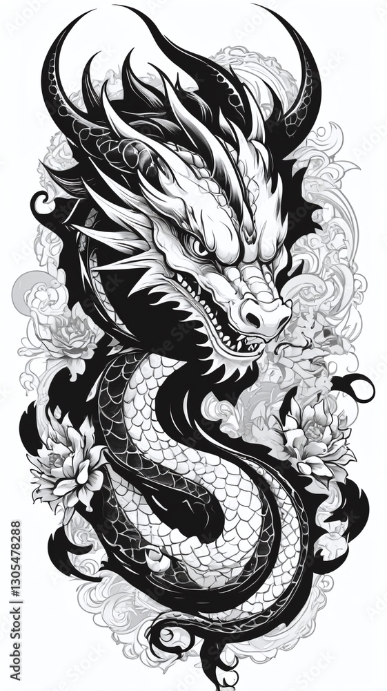 Fototapeta premium Dragon symbol tattoo, black and white vector illustration, isolated on white background