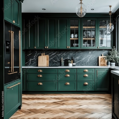A modern green kitchen features elegant cabinets and marble backsplash