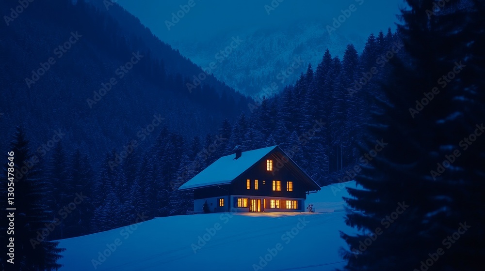 Fototapeta premium Cozy cabin illuminated at dusk amidst snowy mountains and pine trees under a twilight sky