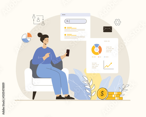 SEO marketing budget. Calculation of costs for website promotion. Company development, income and expense assessment, budgeting. Flat vector illustration.