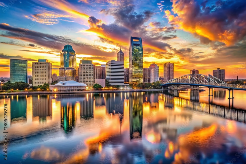 Fototapeta premium Jacksonville Florida Skyline Panoramic Cityscape at Sunset, Golden Hour City View