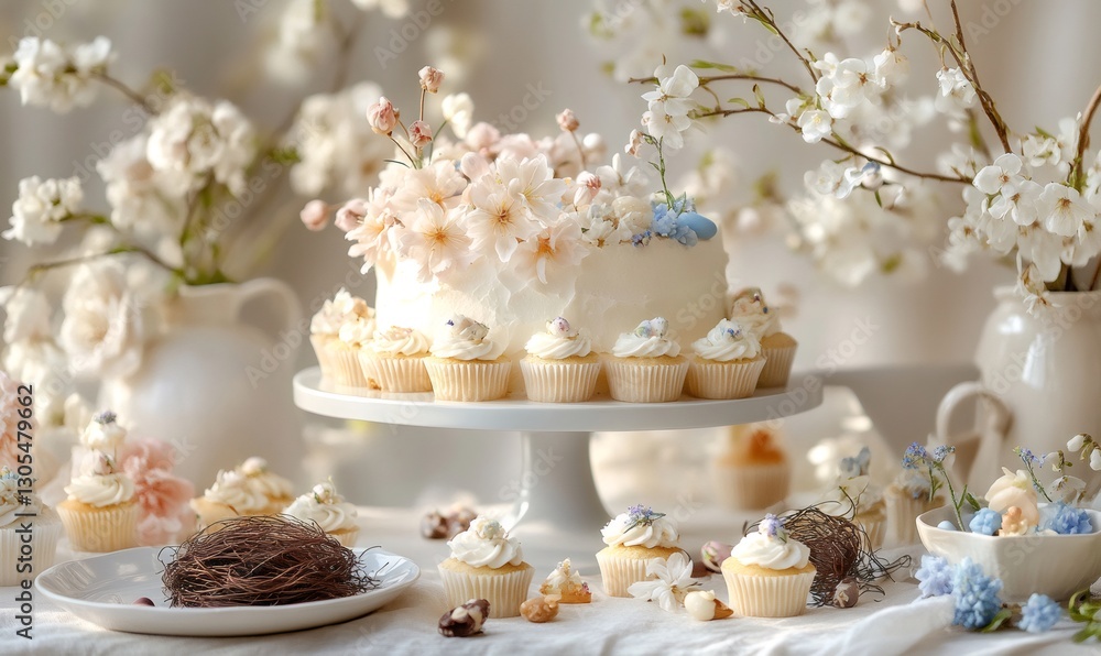Delicious easter cake and cupcakes with spring flowers creating a beautiful centerpiece for a festive celebration Delicious easter cake and cupcakes with spring flowers creating a beautiful centerpiece for a festive celebration