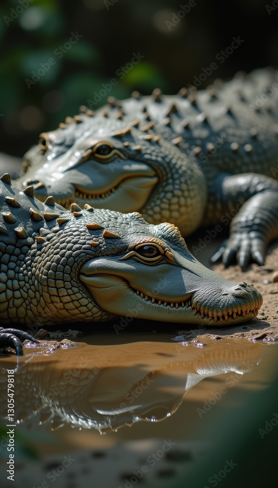 Fototapeta premium Two majestic crocodiles basking near tranquil waters, showcasing their intricate textures and vibrant colors in a natural habitat.