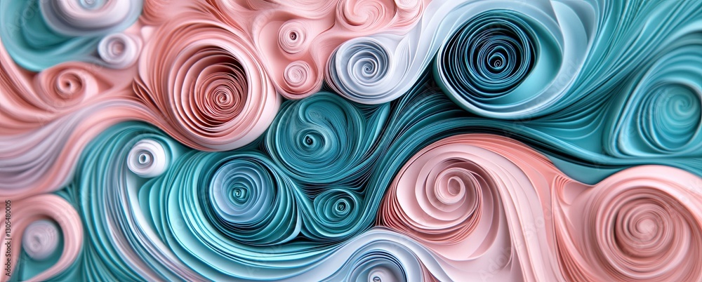 3D paper art of turquoise and pink swirls with ornate details, soft lighting 3D paper art of turquoise and pink swirls with ornate details, soft lighting