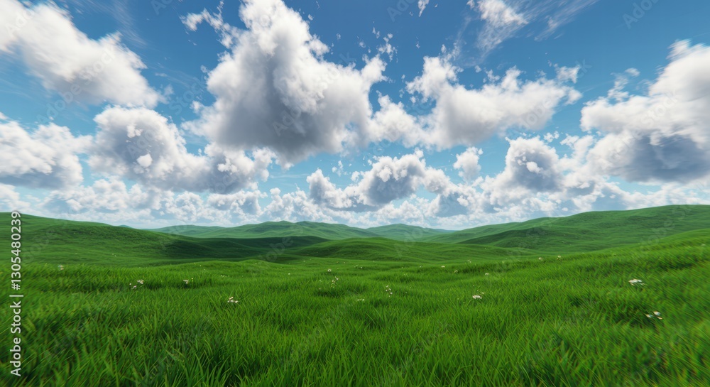 Vast savanna with sparse trees and gentle undulations under cloud speckled cerulean firmament with fluffy white patches in sky Vast savanna with sparse trees and gentle undulations under cloud speckled cerulean firmament with fluffy white patches in sky