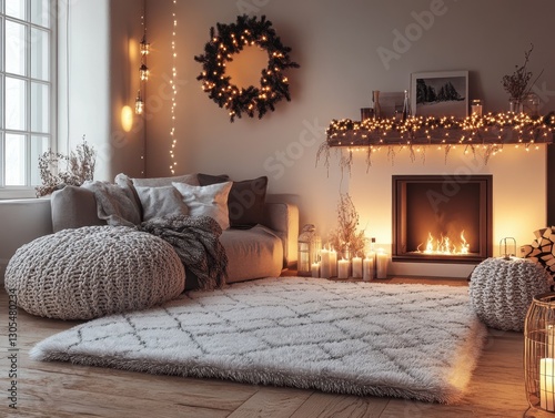 A cozy living room decorated for the holidays with soft lighting