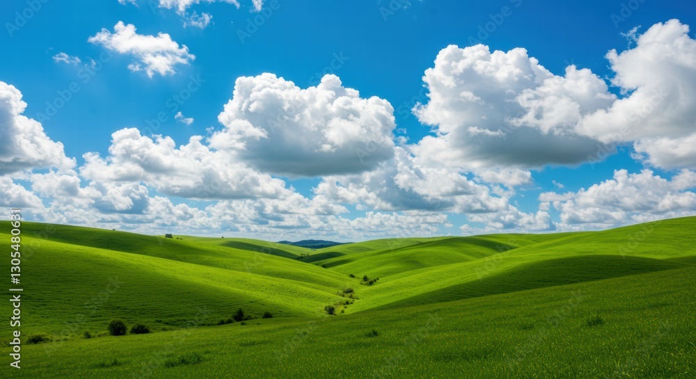 Serene meadow with blooming wildflowers and low hills under spotless sapphire dome with puffy white tufts floating above Serene meadow with blooming wildflowers and low hills under spotless sapphire dome with puffy white tufts floating above
