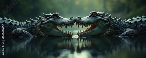Two fierce crocodiles facing each other in a serene water setting, showcasing powerful jaws and intricate textures, perfect for wildlife themes and nature-related projects.