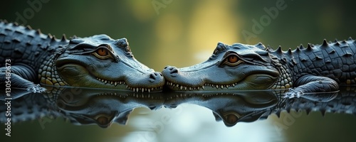 Two majestic crocodiles elegantly face each other, their reflections shimmering on the water's surface, capturing the beauty of nature's fierce elegance.