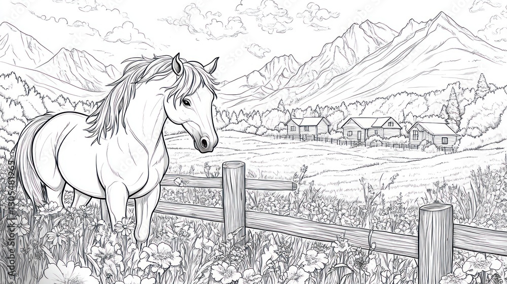 Obraz premium Horse by a Fence in a Mountain Valley Scene. Coloring Book Image