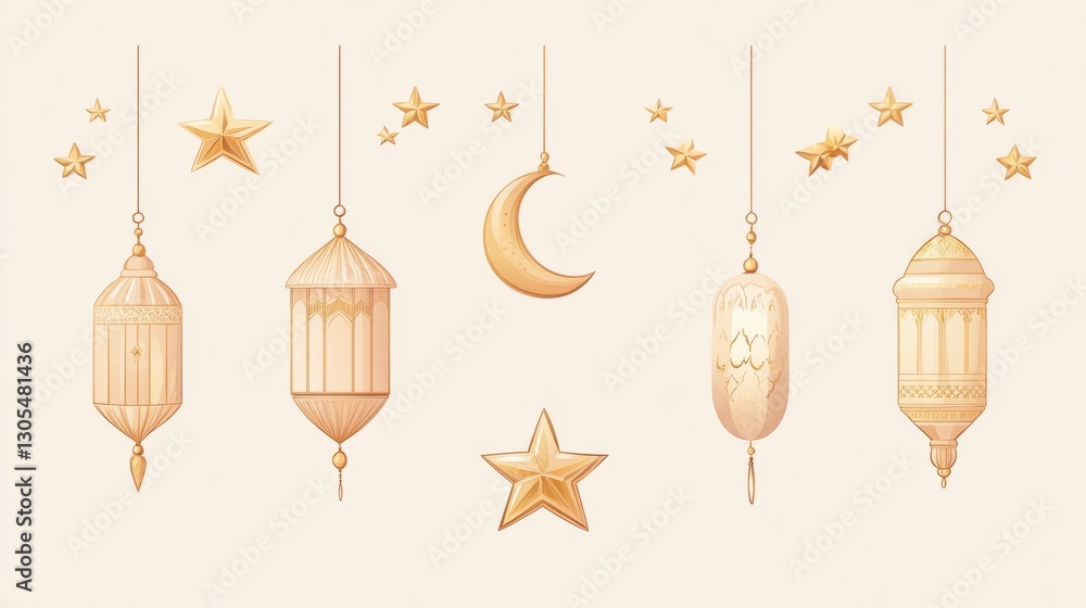 Ramadan kareem greeting card with illuminated arabic lanterns, crescent moon and stars hanging on light beige background Ramadan kareem greeting card with illuminated arabic lanterns, crescent moon and stars hanging on light beige background