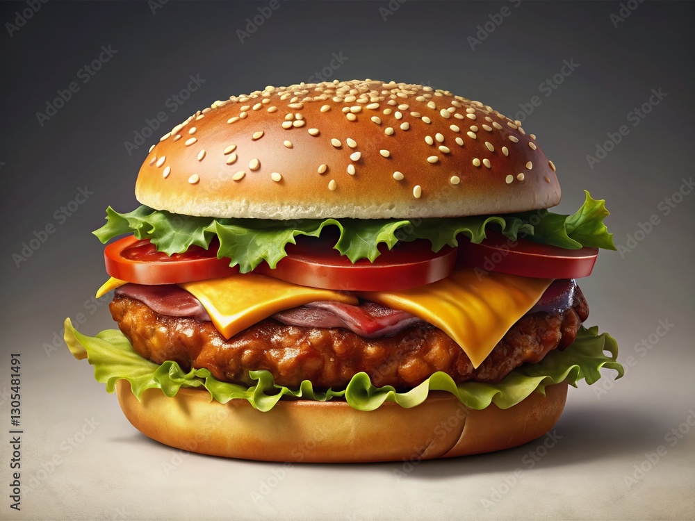 Juicy Cheeseburger with Bacon & Lettuce on Sesame Bun - Stock Photo Juicy Cheeseburger with Bacon & Lettuce on Sesame Bun - Stock Photo
