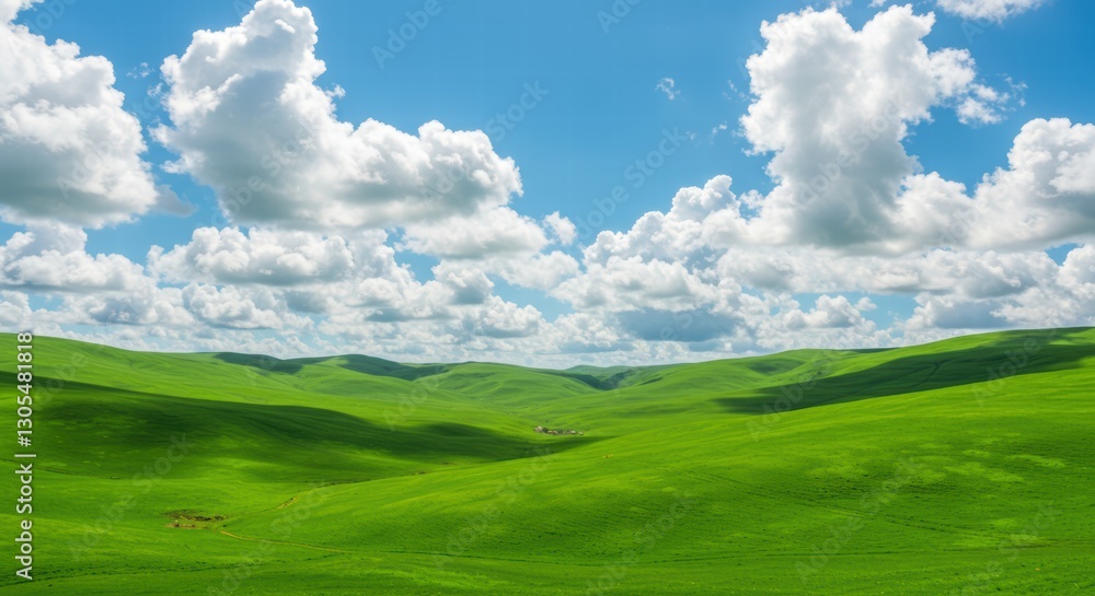 Endless meadows unfolding under expansive azure firmament with fluffy white heaps and soft undulations in background Endless meadows unfolding under expansive azure firmament with fluffy white heaps and soft undulations in background