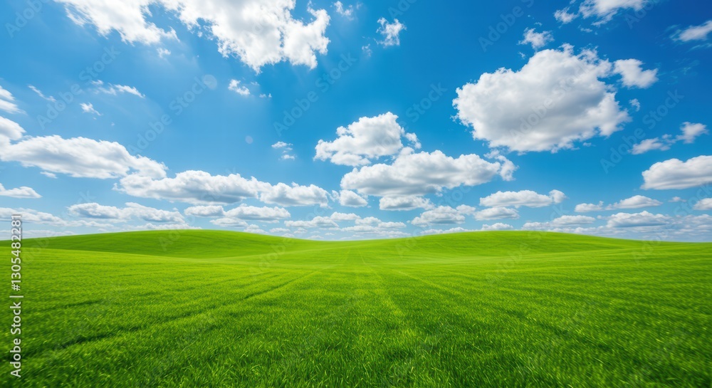 Lush pastures extending toward boundless azure dome speckled with cottonlike fluffs and gentle elevations on horizon Lush pastures extending toward boundless azure dome speckled with cottonlike fluffs and gentle elevations on horizon