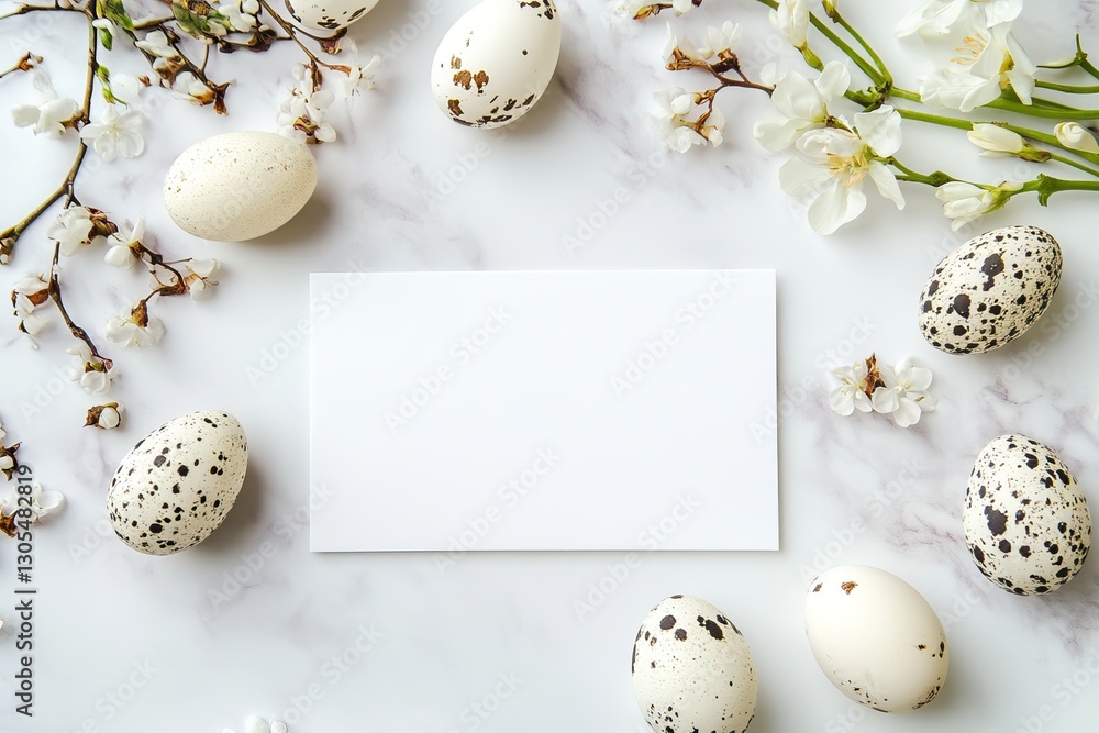 Fototapeta premium Blank white card with speckled Easter eggs and cherry blossoms Background. AI generated image