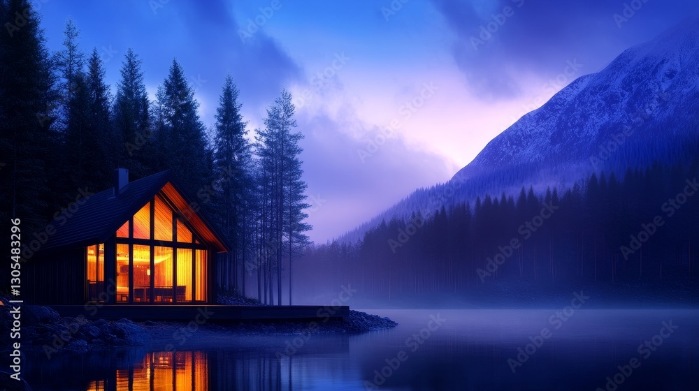 Fototapeta premium Serene lakeside cabin at twilight with glowing windows, surrounded by misty mountains and pine trees