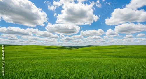 Rolling green expanse under vast blue sky with fluffy white clouds and serene landscape stretching far into horizon