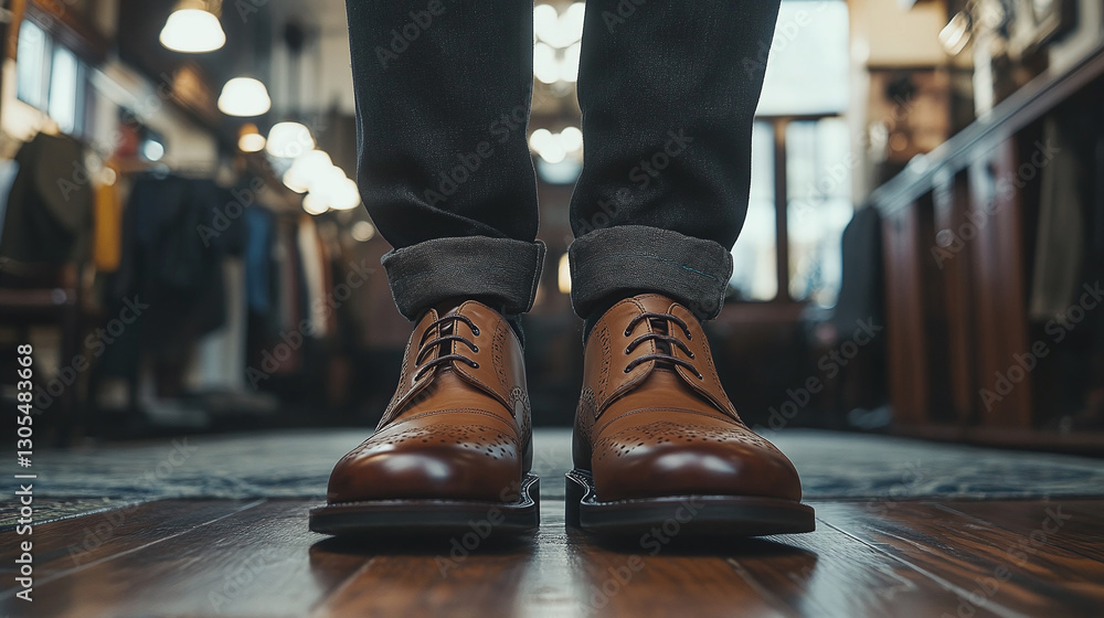 Naklejka premium Formal style: Elegant leather shoes paired with rolled-up jeans offer a modern twist on classic attire. Stylish footwear choice.