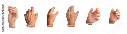 An elderly woman with outstretched fingers, grasping and holding an invisible object. Knuckles visible, with wrinkles and texture on the skin. A mature, aged hand in a reaching, extended pose.
