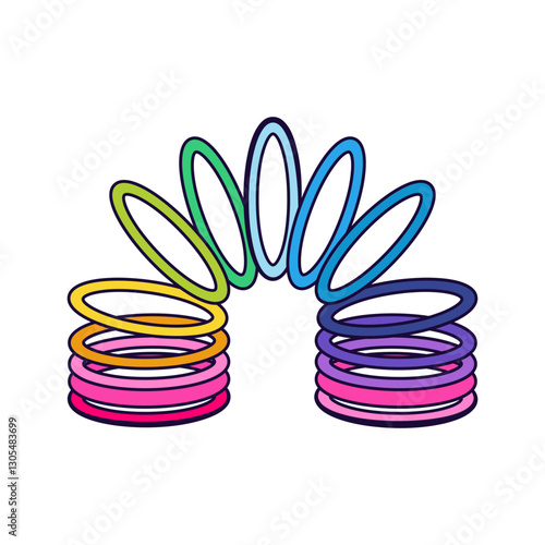 90s slinky toy icon. Vector symbol of retro spring coil for playing. Classic and nostalgic childhood entertainment with flexible spirals. Vintage fidget that bounce and stretch down stairs. Kid, child