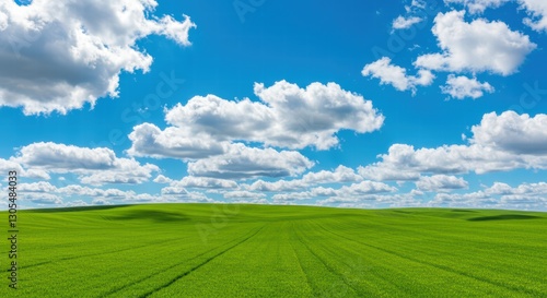 Vast savanna with sparse trees and gentle undulations under cloud speckled cerulean firmament with fluffy white patches
