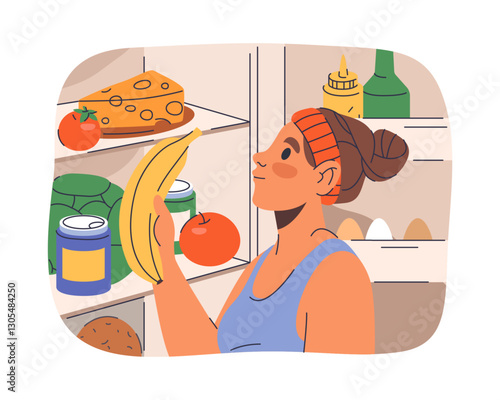 Woman taking banana food from fridge. Vector kitchen scene with meal selection or nutrition choice. Fruit and vegetable breakfast or lunch preparation. Refrigerator clipart. Culinary and cooking, diet