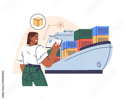 Ship with containers and woman using mobile app for parcel tracking. Vector illustration for freight delivery and logistics, maritime transportation. Shipping network and global trade. Sea cargo.