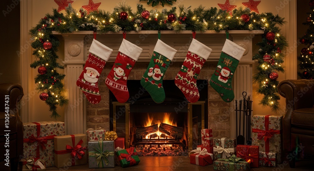 Naklejka premium Christmas Stockings Hanging Over Fireplace with Glowing Lights and Presents