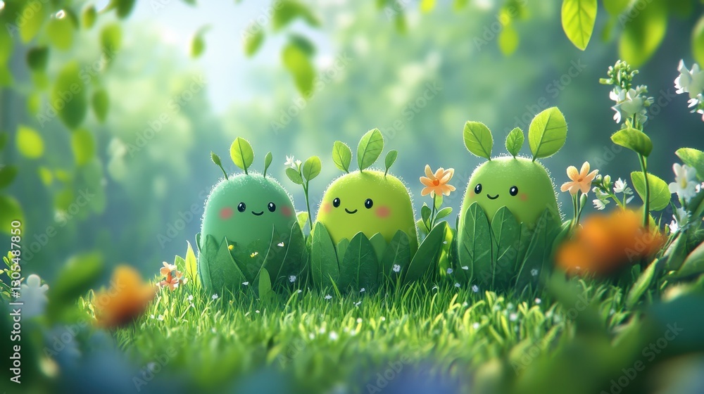 Cute Cartoon Characters Surrounded by Greenery and Flowers Cute Cartoon Characters Surrounded by Greenery and Flowers