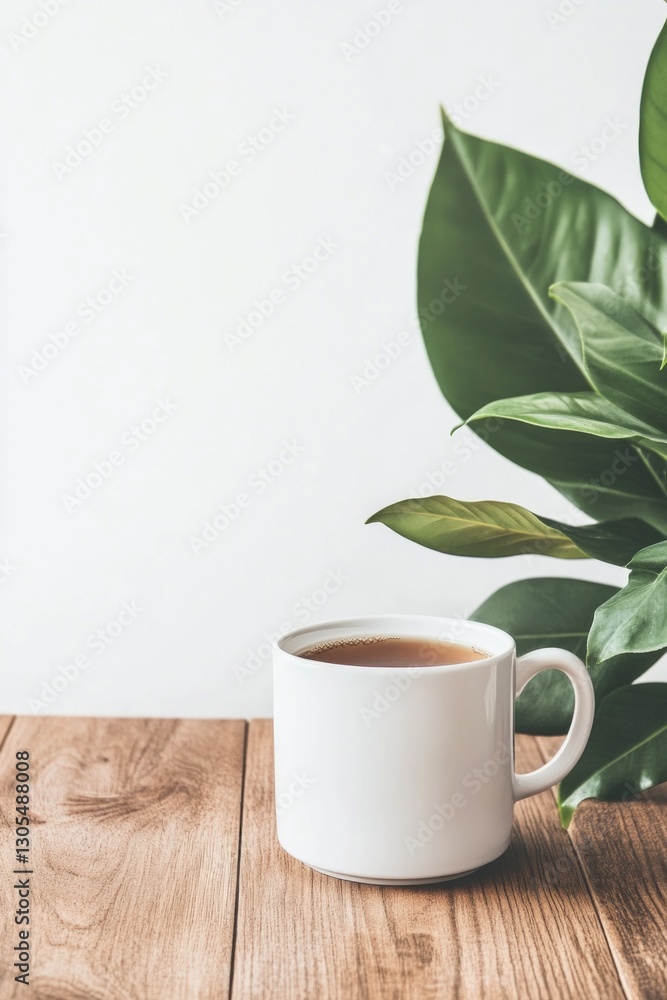 A stylish coffee corner showcases a white cup filled with warm beverage on a wooden table, complemented by lush greenery, creating a serene atmosphere A stylish coffee corner showcases a white cup filled with warm beverage on a wooden table, complemented by lush greenery, creating a serene atmosphere