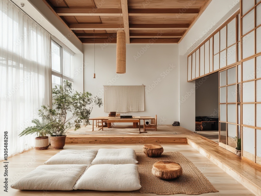 Bright and spacious modern interior featuring natural wooden elements Bright and spacious modern interior featuring natural wooden elements