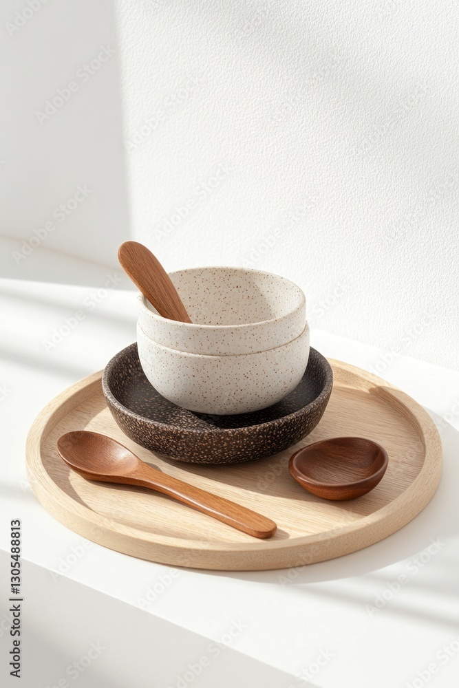 Neutral-toned ceramic bowls are stacked on a light wooden tray, accompanied by wooden spoons. The simplistic design enhances the calm ambiance in the interior space Neutral-toned ceramic bowls are stacked on a light wooden tray, accompanied by wooden spoons. The simplistic design enhances the calm ambiance in the interior space