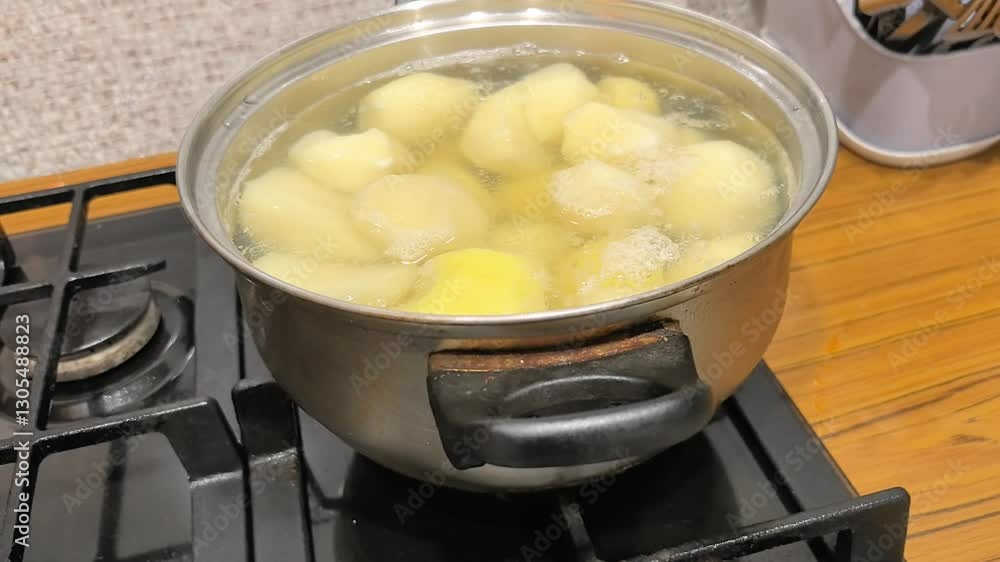 4 K. potatoes. wooden plate. there are traces of dirt. metal pan with potatoes in it. cooking process. close-up. 4 K. potatoes. wooden plate. there are traces of dirt. metal pan with potatoes in it. cooking process. close-up.
