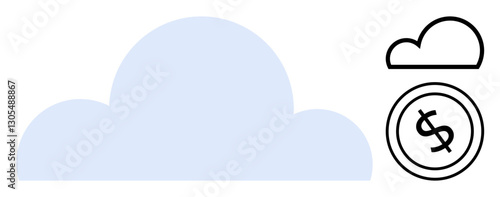 Blue cloud graphic paired with coin marked by dollar sign representing cloud-based financial systems. Ideal for technology, finance, savings, cloud storage, data solutions, digital economy