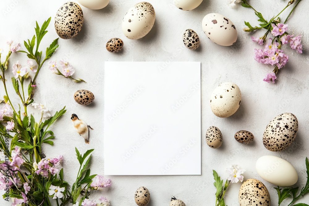 Blank white card with speckled Easter eggs and cherry blossoms Background. AI generated image Blank white card with speckled Easter eggs and cherry blossoms Background. AI generated image