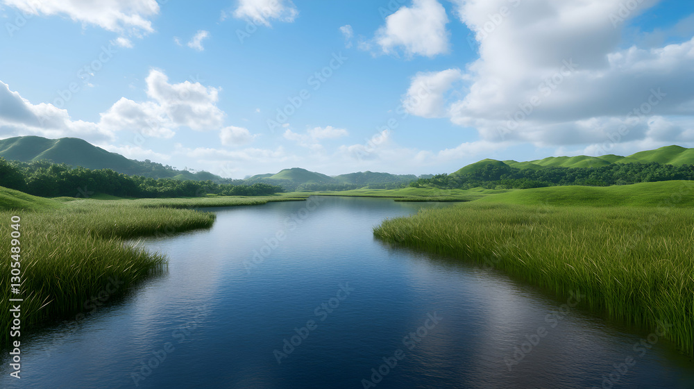 A serene landscape featuring a calm river flowing through lush green hills under a bright blue sky. Soft clouds reflect in the tranquil water, creating a picturesque natural scene. A serene landscape featuring a calm river flowing through lush green hills under a bright blue sky. Soft clouds reflect in the tranquil water, creating a picturesque natural scene.