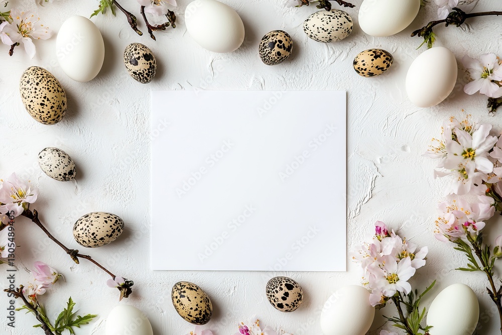 Blank white card with speckled Easter eggs and cherry blossoms Background. AI generated image Blank white card with speckled Easter eggs and cherry blossoms Background. AI generated image
