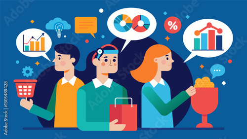 Through analyzing data on shopping habits psychologists discover the cognitive biases that influence purchasing decisions.. Vector illustration