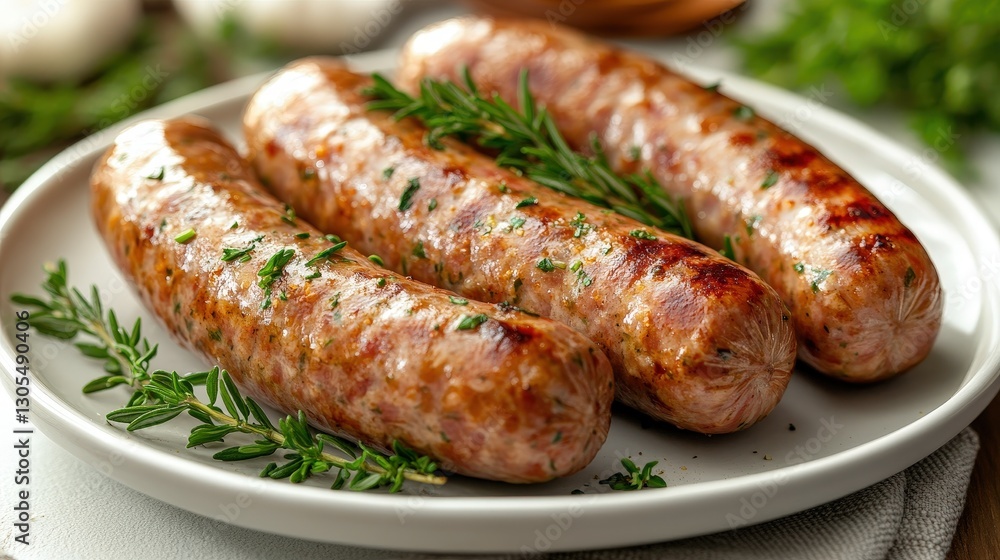 Grilled sausages, herbs, plate, kitchen Grilled sausages, herbs, plate, kitchen
