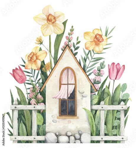 Cozy garden house with white wooden fence, daffodil flowers, pink tulips and grenery. Watercolor hand painted illustration for postcards, greeting cards, spring themed designs