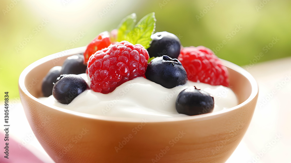 A delicious bowl of yogurt topped with fresh raspberries and blueberries, garnished with a mint leaf. Perfect for a healthy breakfast or snack, representing freshness and taste. A delicious bowl of yogurt topped with fresh raspberries and blueberries, garnished with a mint leaf. Perfect for a healthy breakfast or snack, representing freshness and taste.